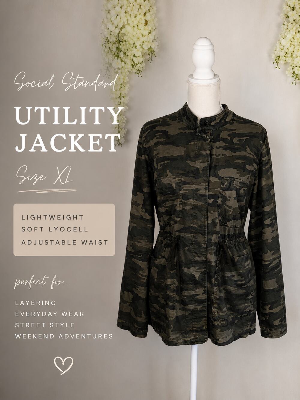 Social Standard Utility Jacket XL Camo Lyocell Drawstring Military Utility Cargo